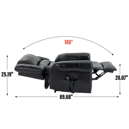 Black recliner chair fully reclined with measurements on a white background