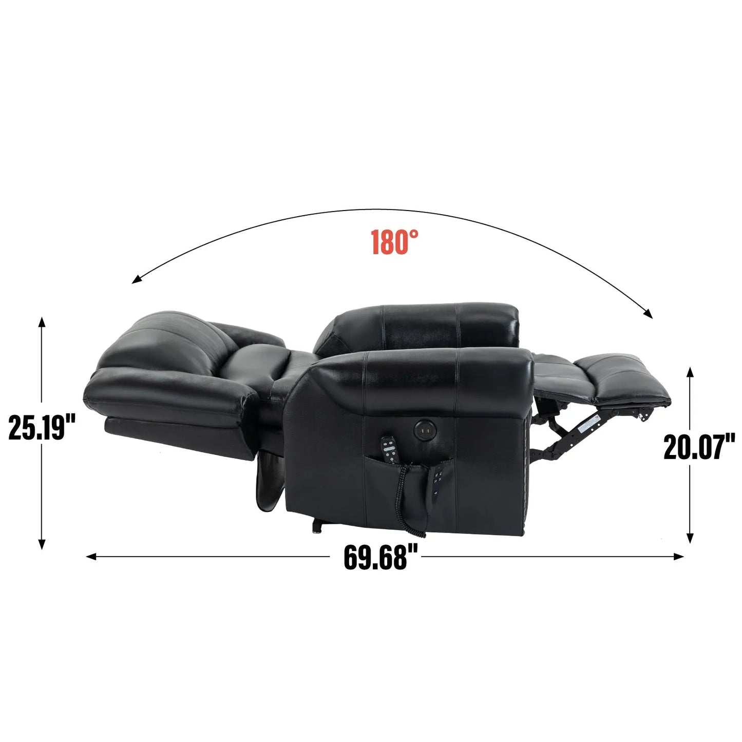 Black recliner chair fully reclined with measurements on a white background
