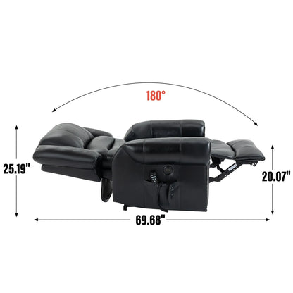 Black recliner chair fully reclined with measurements on a white background