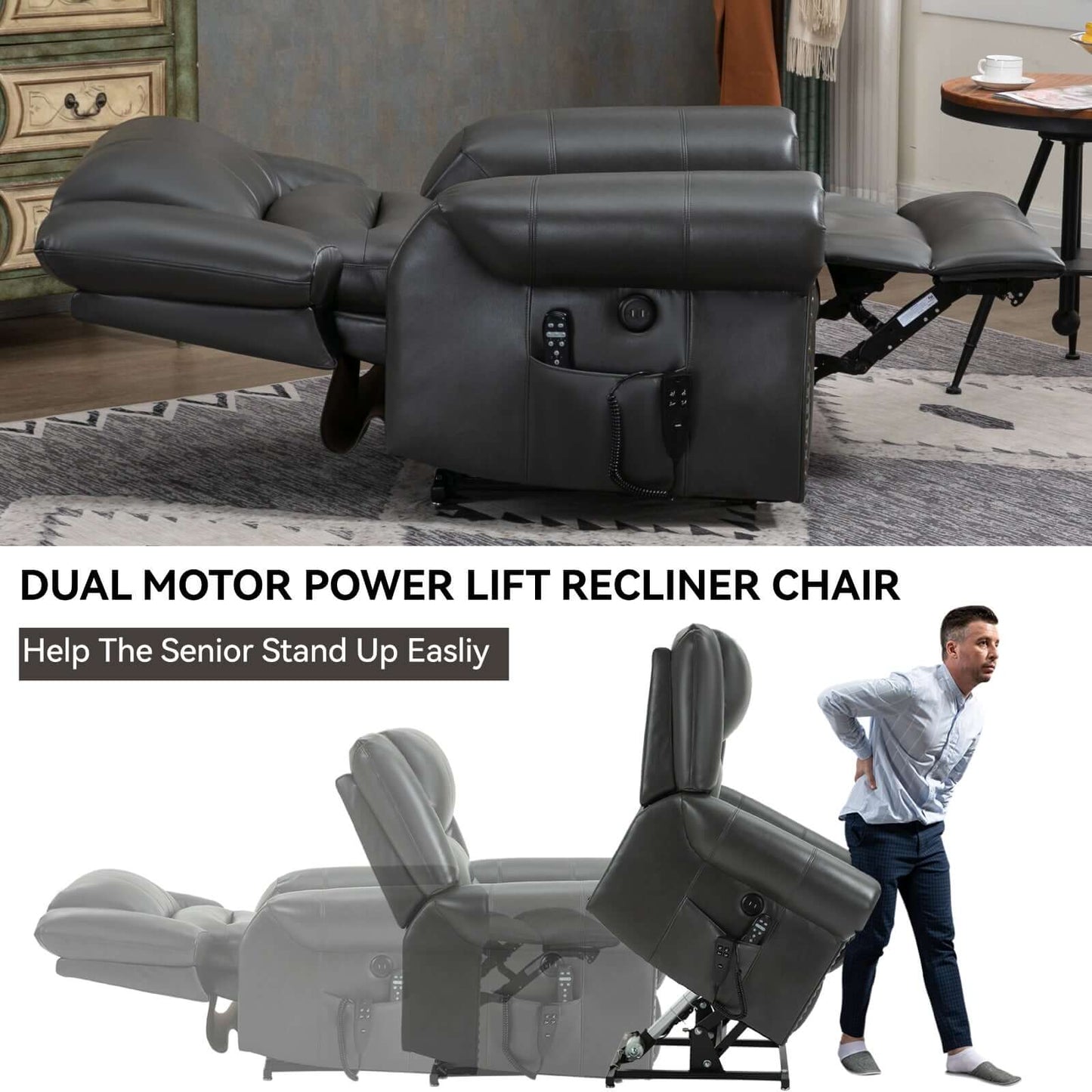 Power Lift Recliner Chair Heat Massage Dual Motor Infinite Position Up to 350 LBS, Genuine Leather, Heavy Duty Motion Mechanism with USB Ports, Black