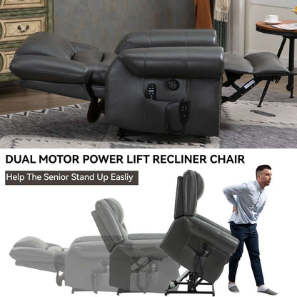 Power Lift Recliner Chair Heat Massage Dual Motor Infinite Position Up to 350 LBS, Genuine Leather, Heavy Duty Motion Mechanism with USB Ports, Black