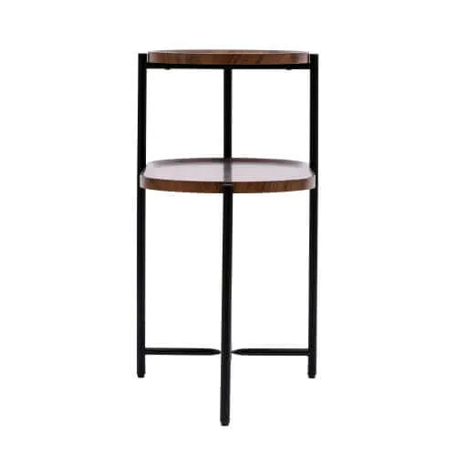 Two-tiered side table with wooden top and black metal frame on a white background