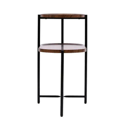 Two-tiered side table with wooden top and black metal frame on a white background