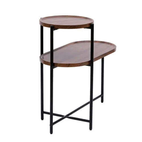 Two-tiered accent table with wooden top and black metal frame on a white background