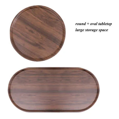 Wooden round and oval table tops with text indicating storage capacity.