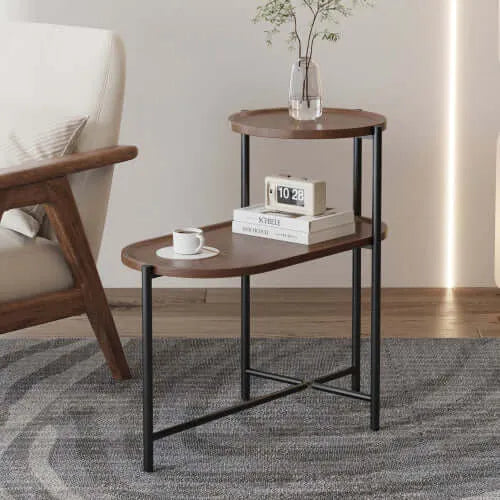 Wooden and metal end table with two shelves in a living room setting.