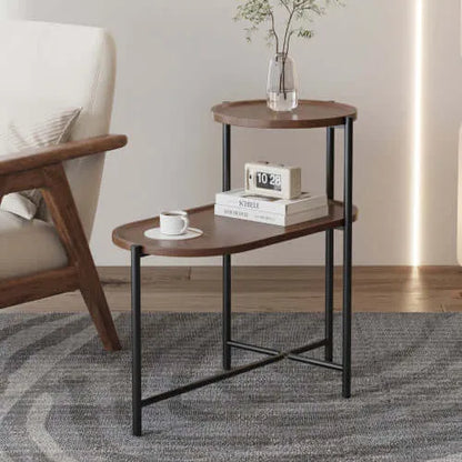 Wooden and metal end table with two shelves in a living room setting.