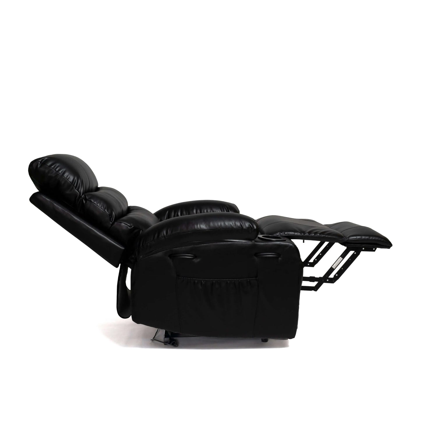 Side view of a Black faux leather power lift recliner chair in full recline position on a white background
