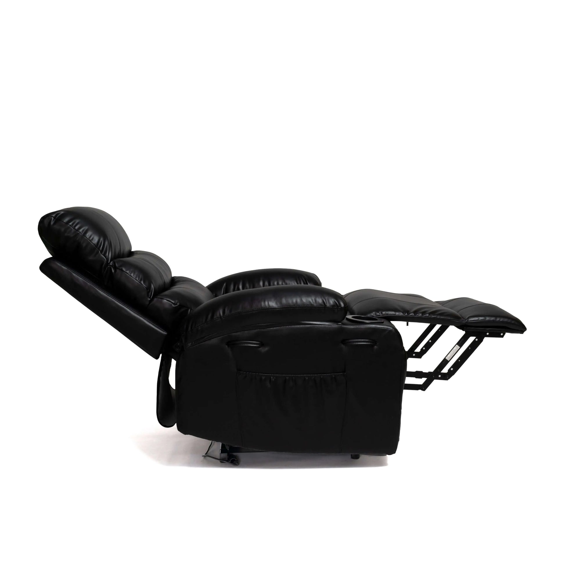 Side view of a Black faux leather power lift recliner chair in full recline position on a white background