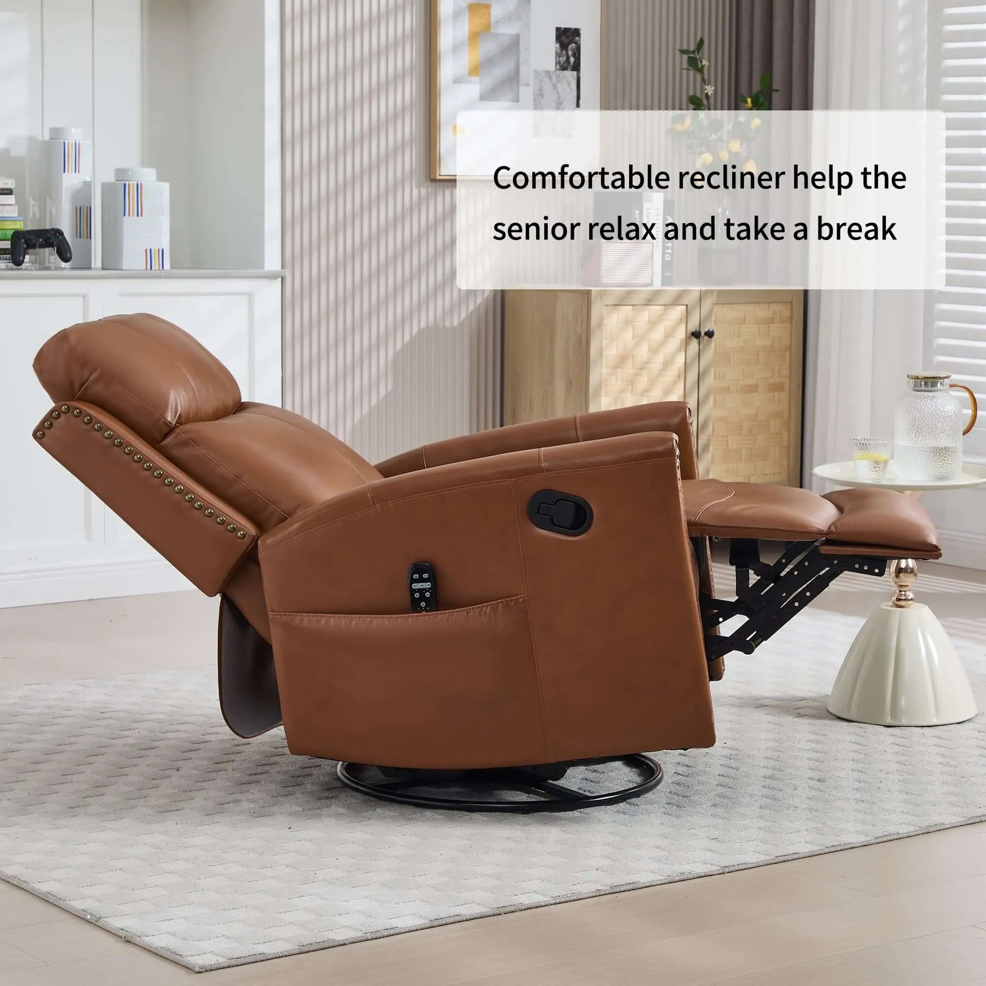 Brown recliner chair in a living room setting with text about its benefits.
