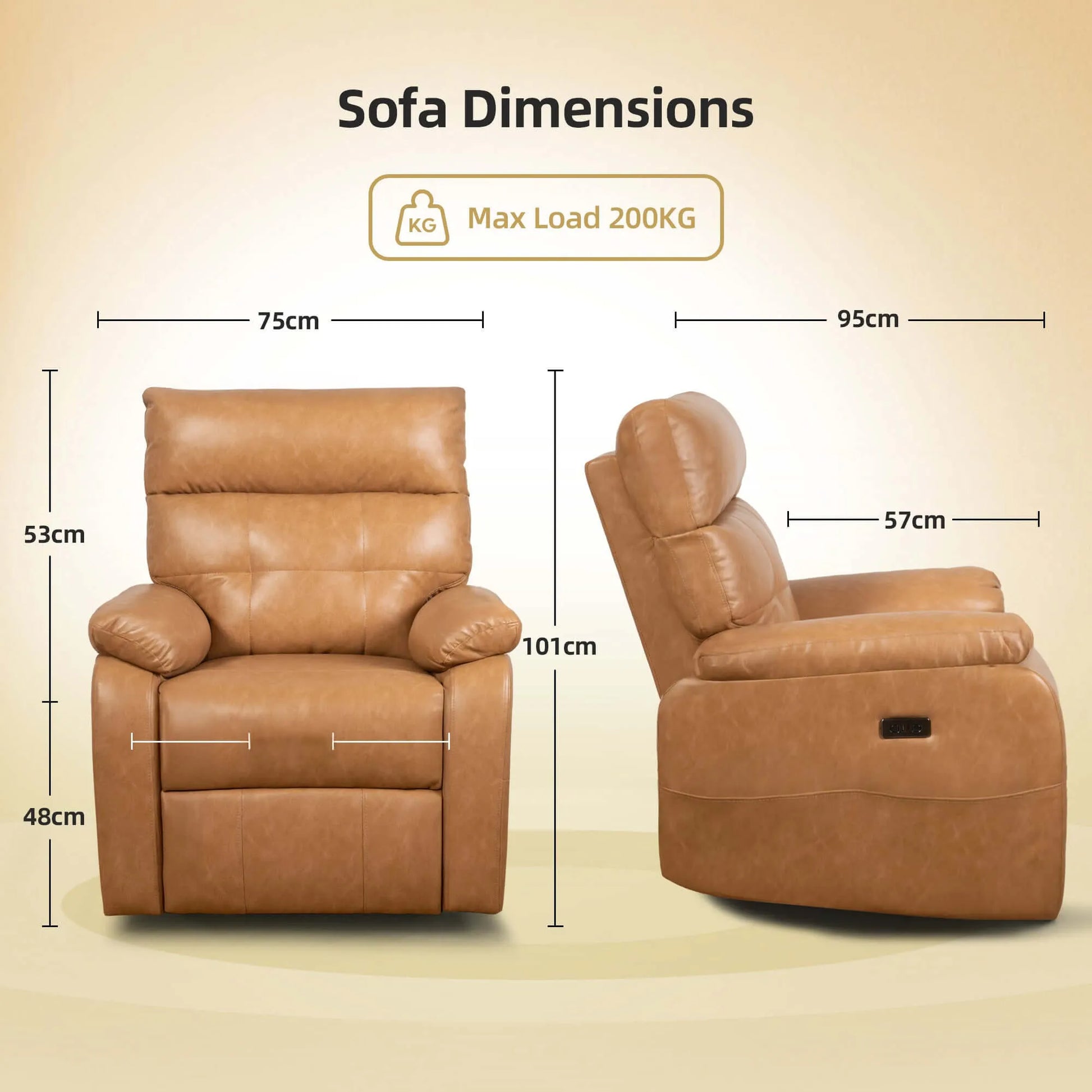 Brown leather recliner chair with dimensions on a beige background