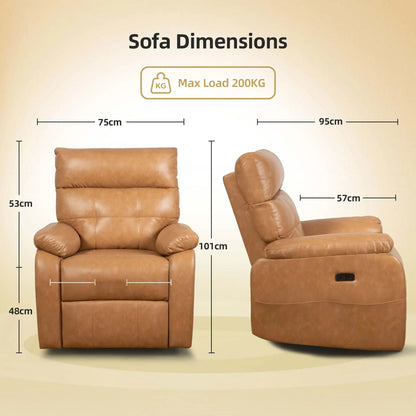 Brown leather recliner chair with dimensions on a beige background
