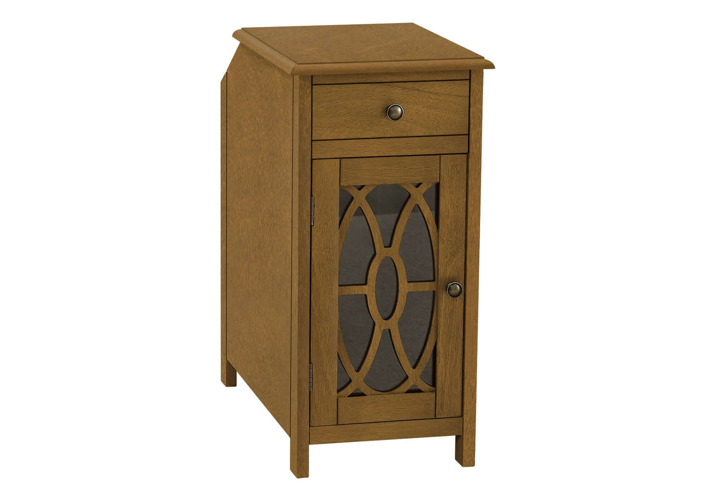 Wooden side table with a drawer and decorative glass door on a white background
