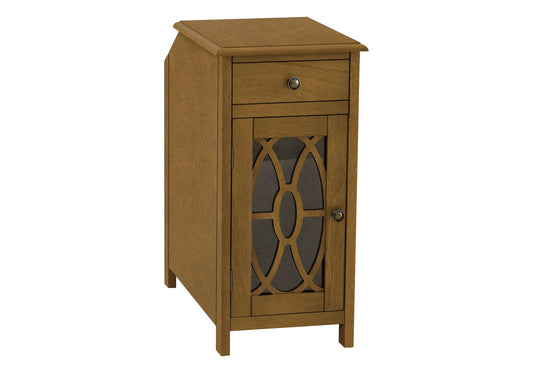 Wooden side table with a drawer and decorative glass door on a white background
