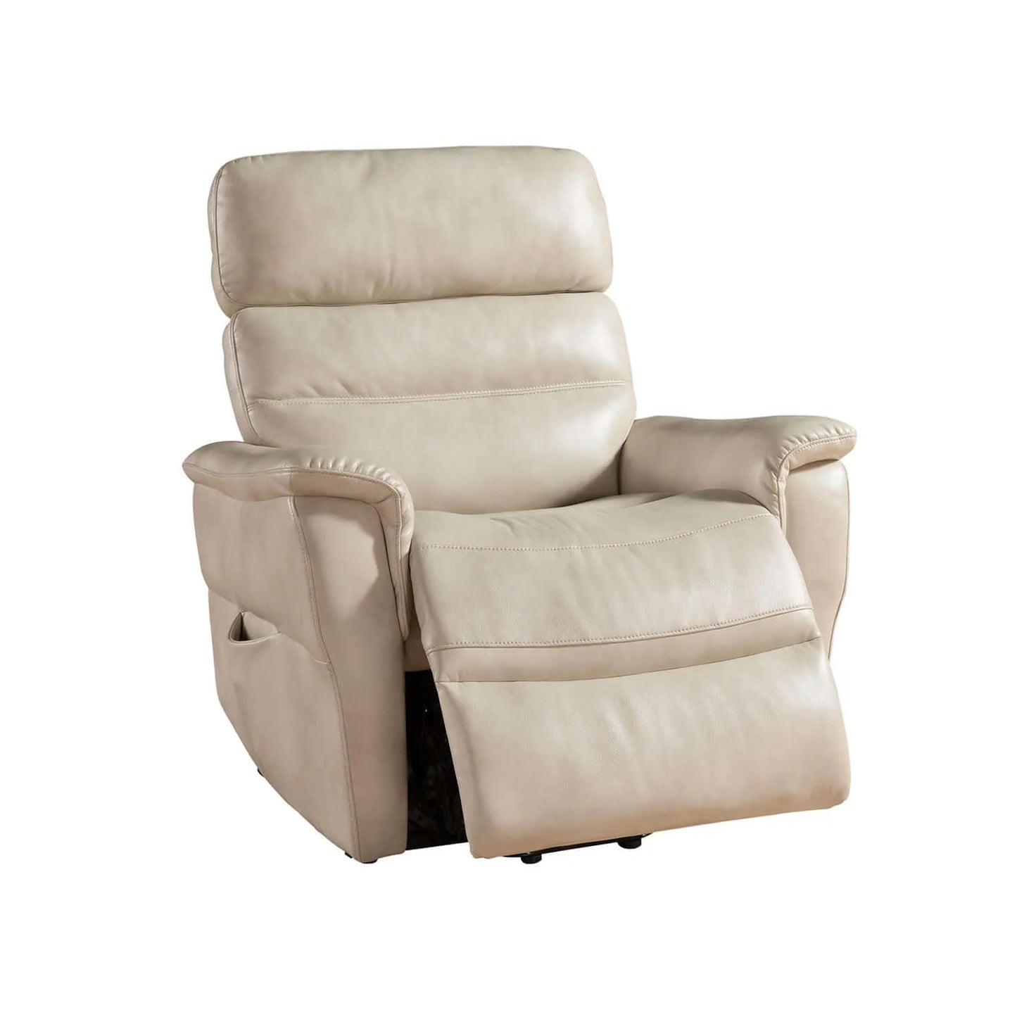 Cream color recliner chair with footrest slightly elevated on a white background