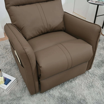 Close up of brown recliner chair seat cushion on a gray carpet