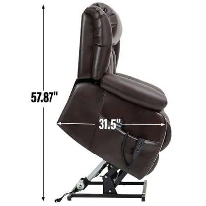 Brown recliner lift chair with measurements on a white background