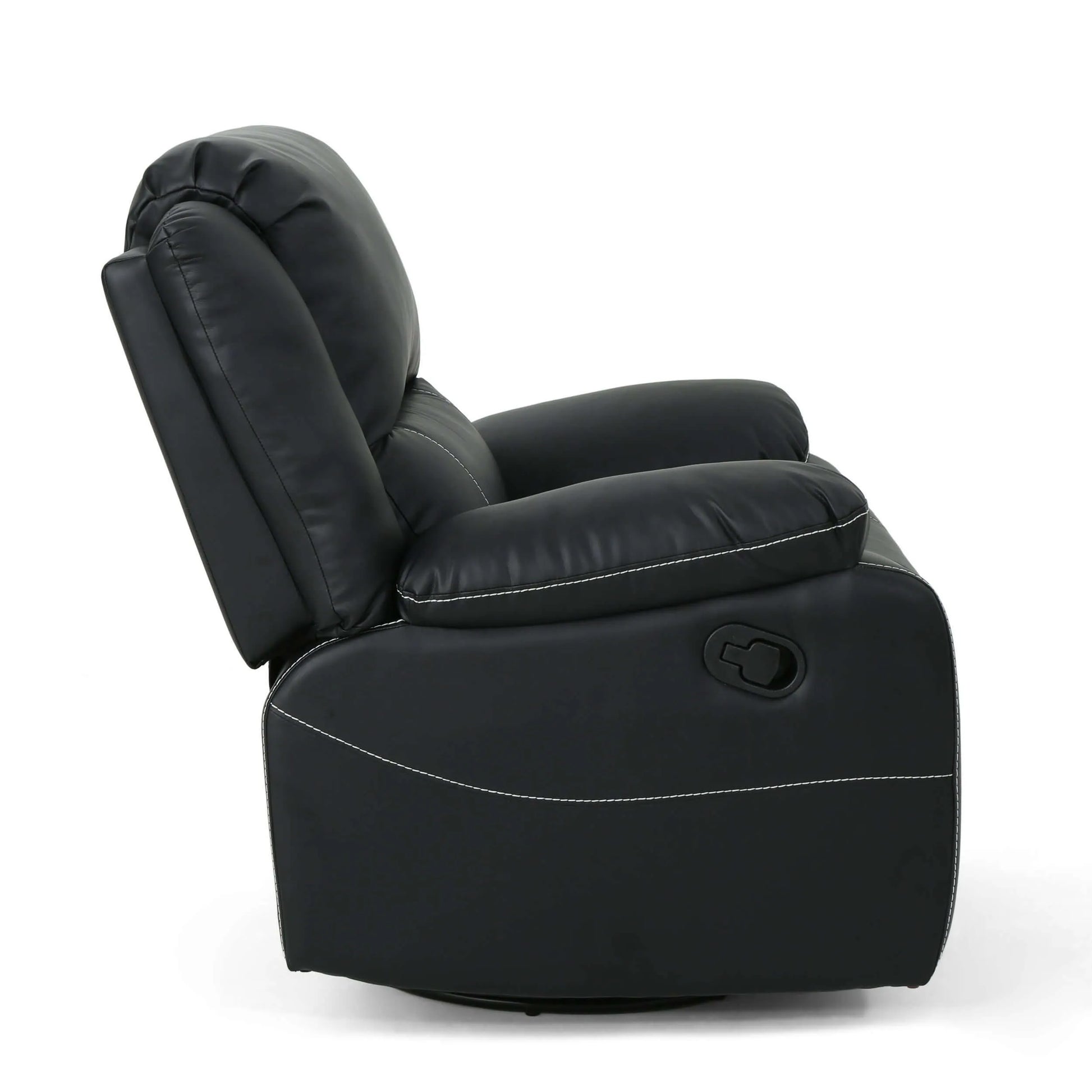 Side view of Modern Faux Leather Manual Swivel Recliner with detailed stitching and manual controls on a white background. 