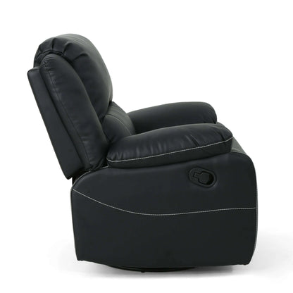 Side view of Modern Faux Leather Manual Swivel Recliner with detailed stitching and manual controls on a white background. 