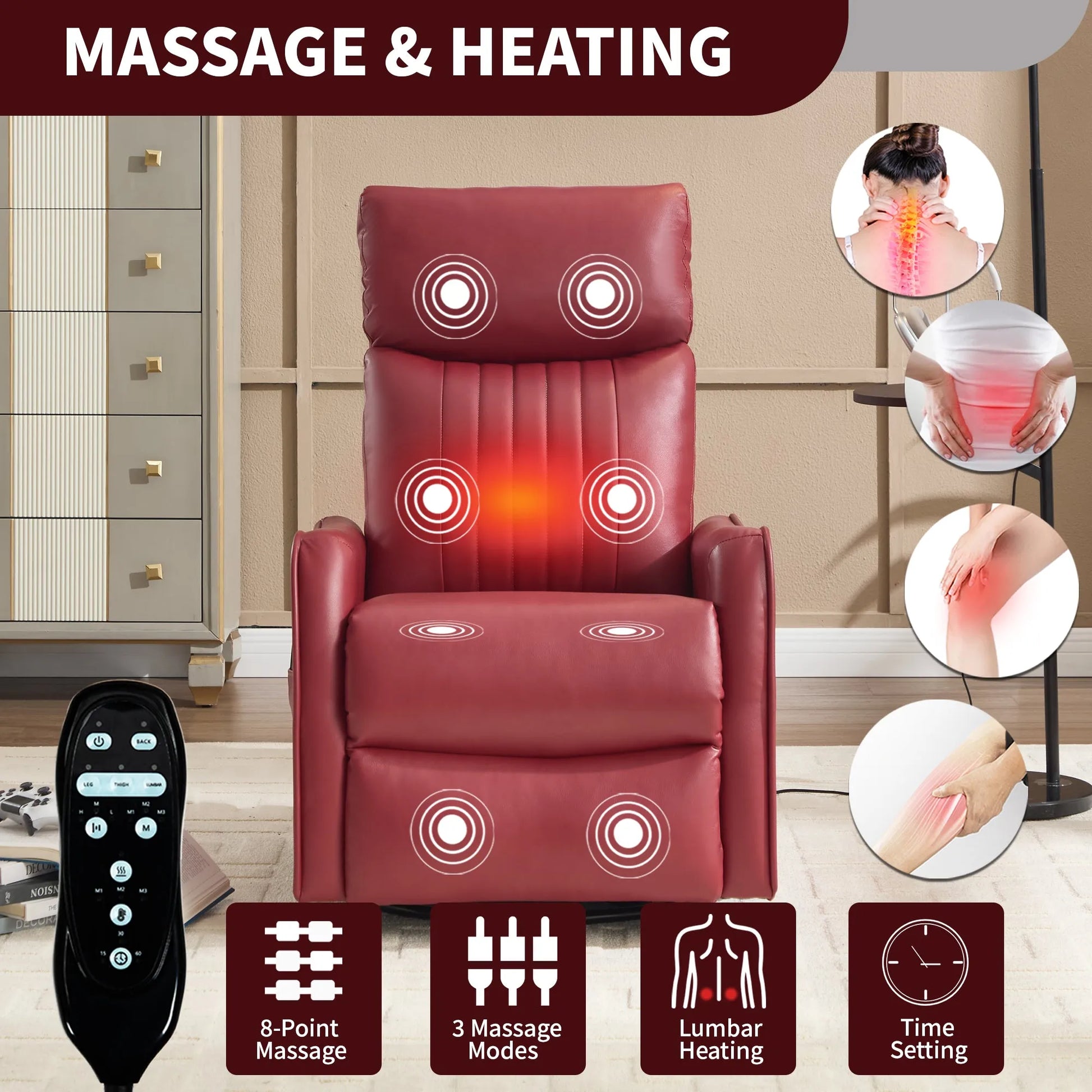 Red massage recliner chair with heating functions and remote control on a neutral background