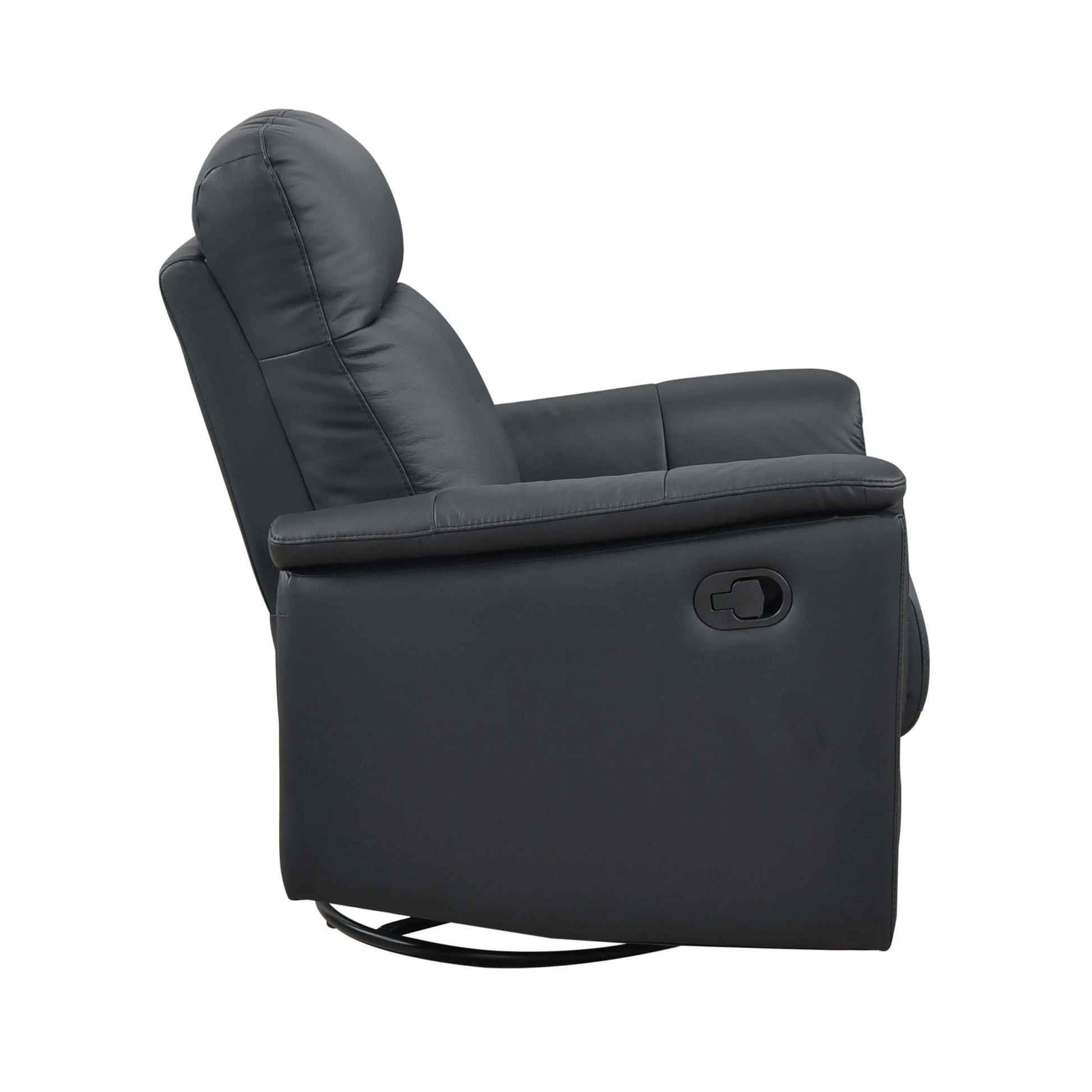 Side view of a black leather recliner chair on a white background
