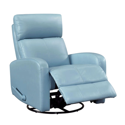 Blue recliner chair with footrest extended and black swivel base on a white background