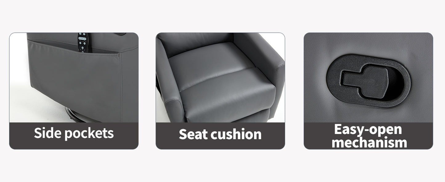 Gray Recliner chair with side pockets, seat cushion, and easy-open mechanism highlighted.