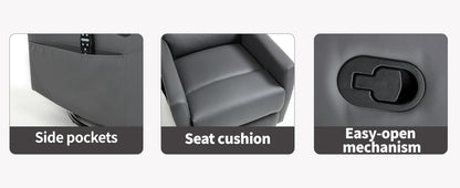 Gray Recliner chair with side pockets, seat cushion, and easy-open mechanism highlighted.
