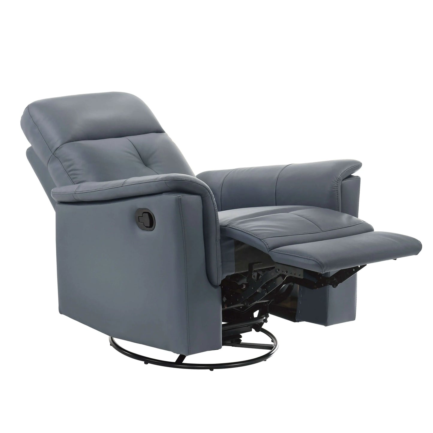 Fully reclined blue gray recliner chair with black swivel base on a white background