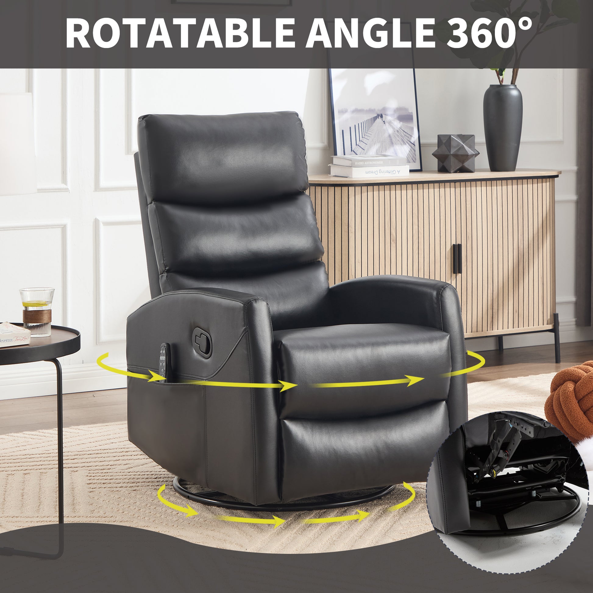 Black recliner chair with rotatable feature in a living room setting