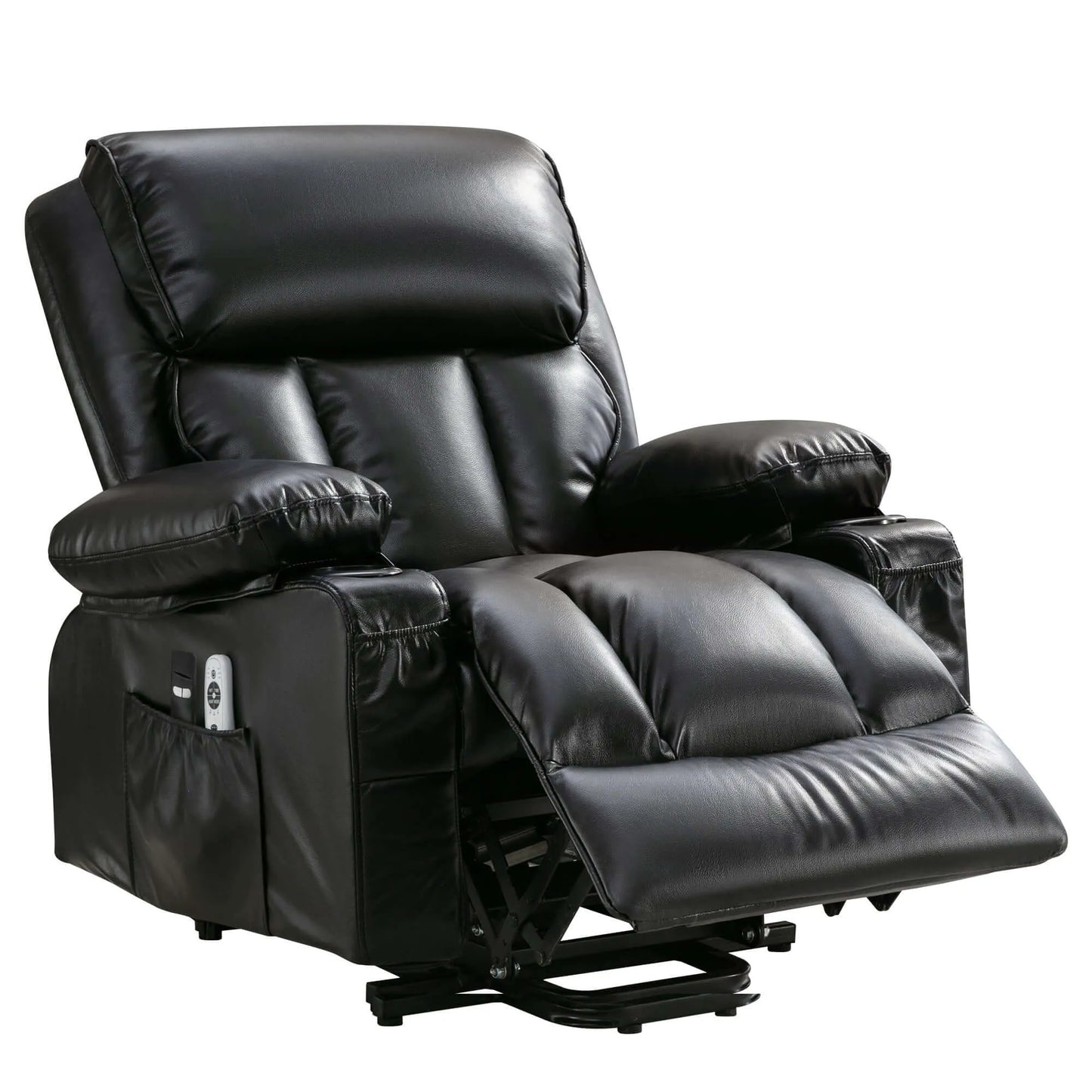 Black leather recliner chair with footrest extended on a white background