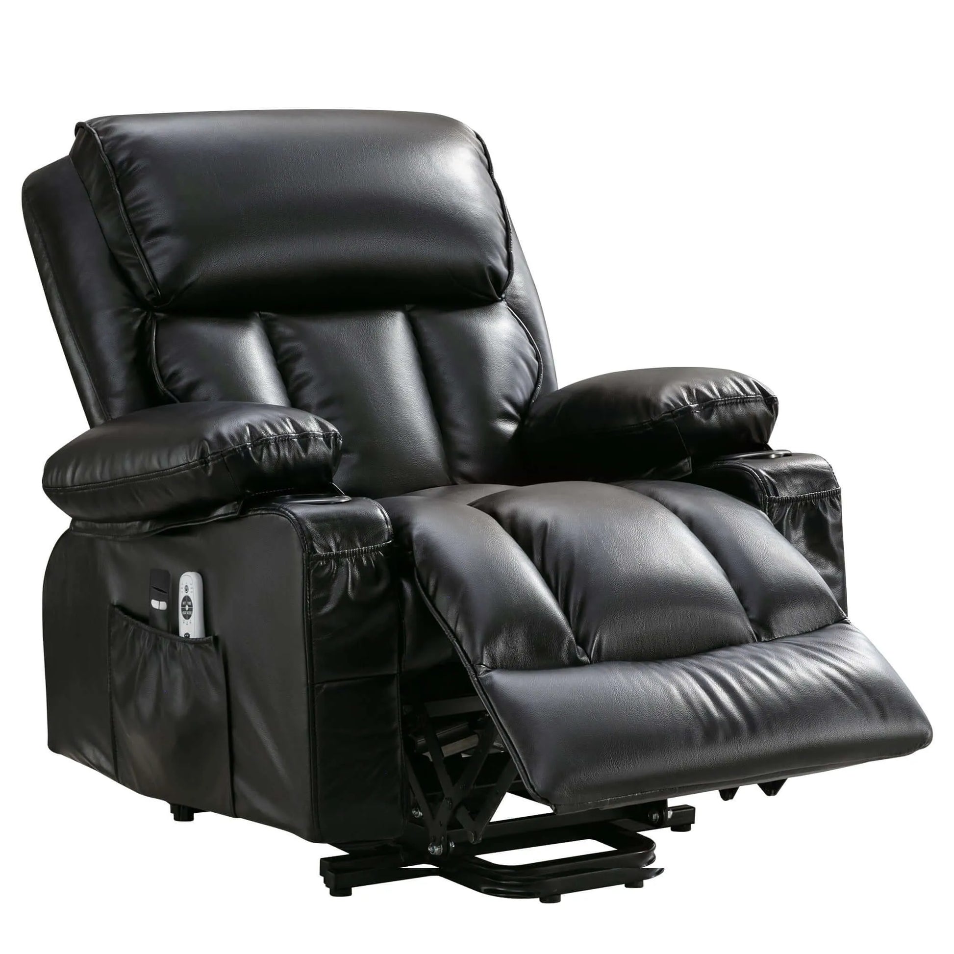 Black leather recliner chair with footrest extended on a white background