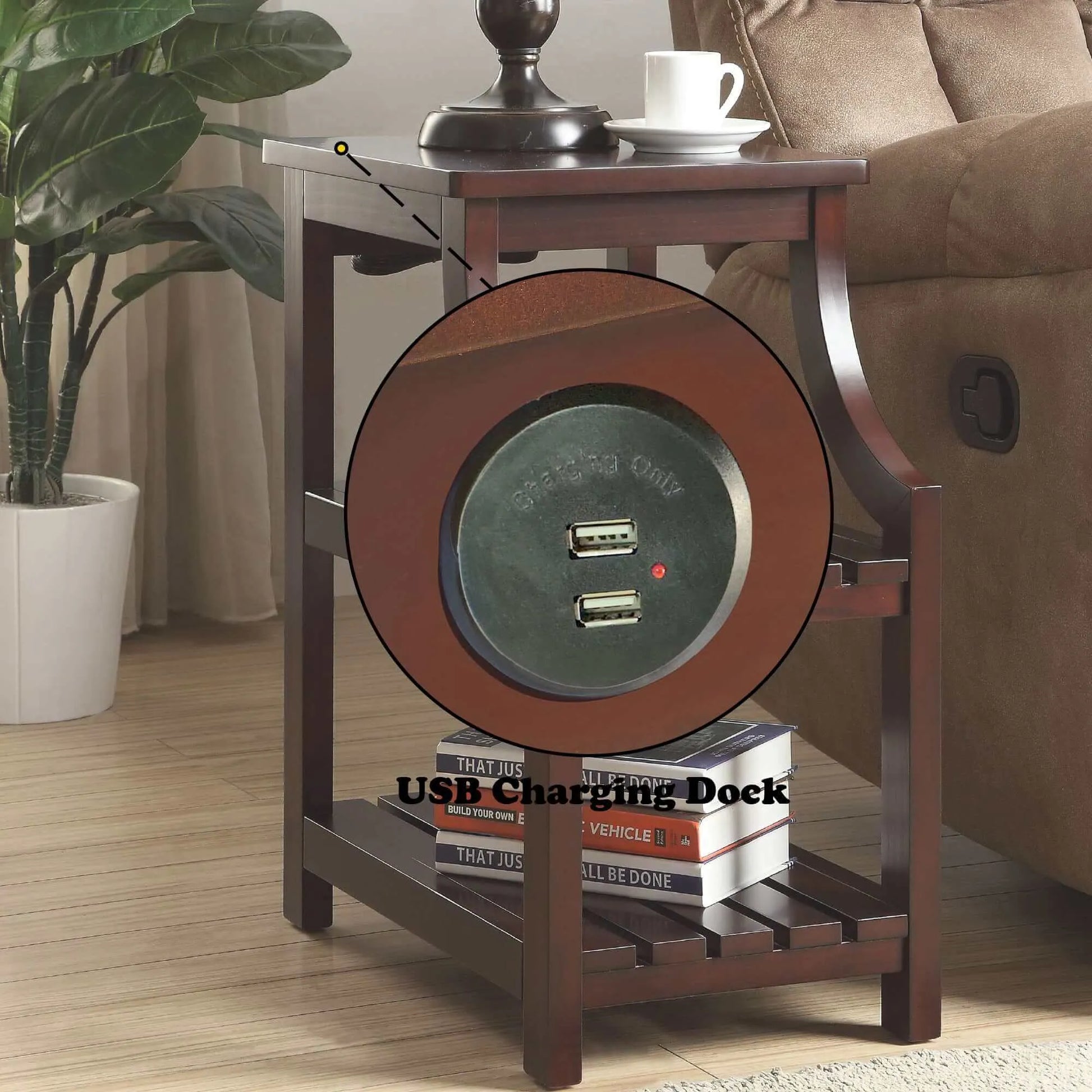 Wooden end table with USB charging dock in a living room setting