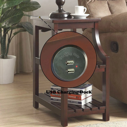 Wooden end table with USB charging dock in a living room setting
