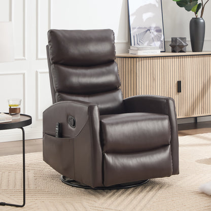 Brown leather recliner chair in a living room setting with a side table and decorative items.