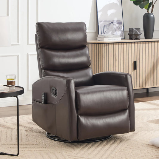 Brown leather recliner chair in a living room setting with a side table and decorative items.