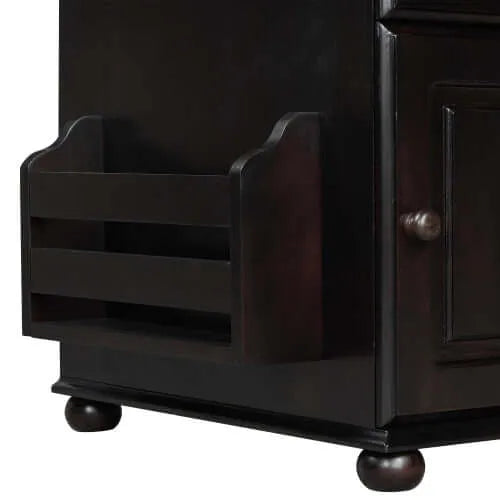 Dark brown wooden end table with book holder and round legs on a white background