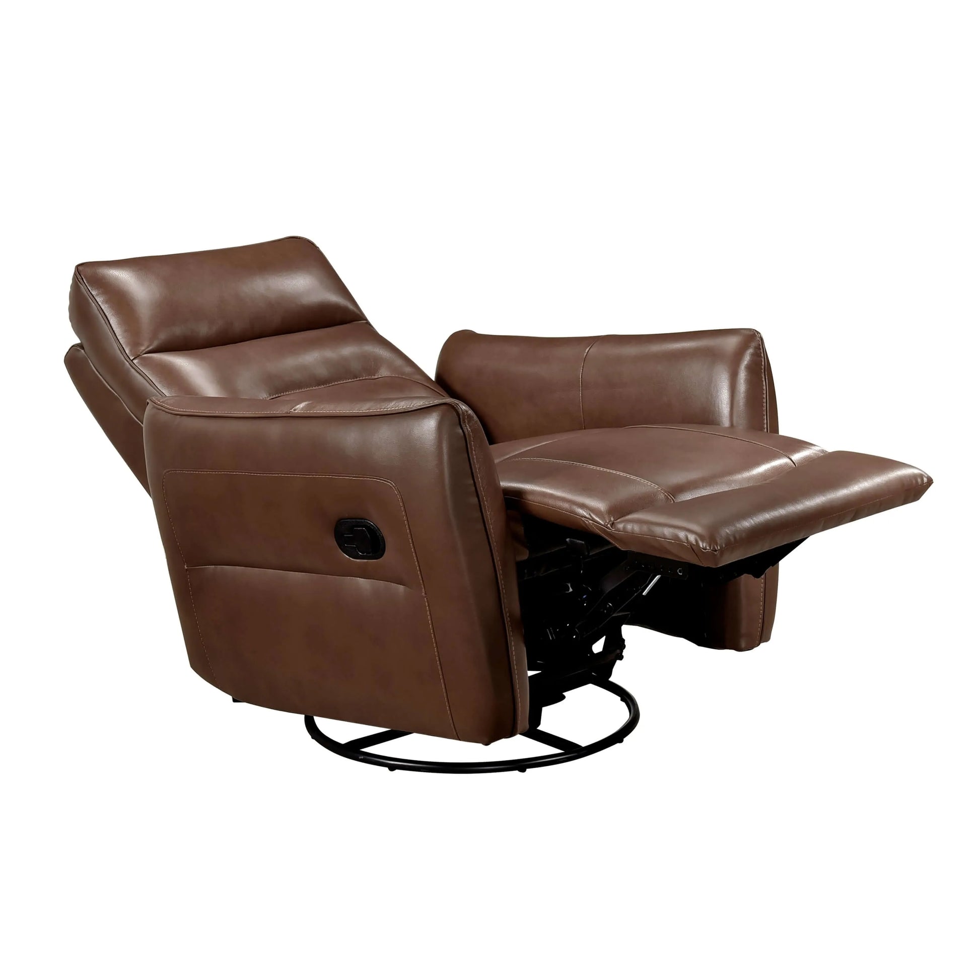 Fully reclined brown leather recliner chair on a white background