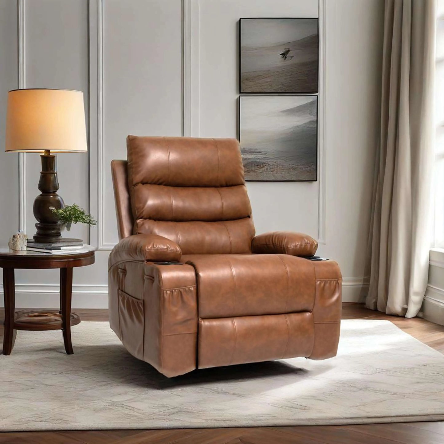 Brown faux leather power lift recliner chair in a living room setting with a lamp and framed pictures on the wall.