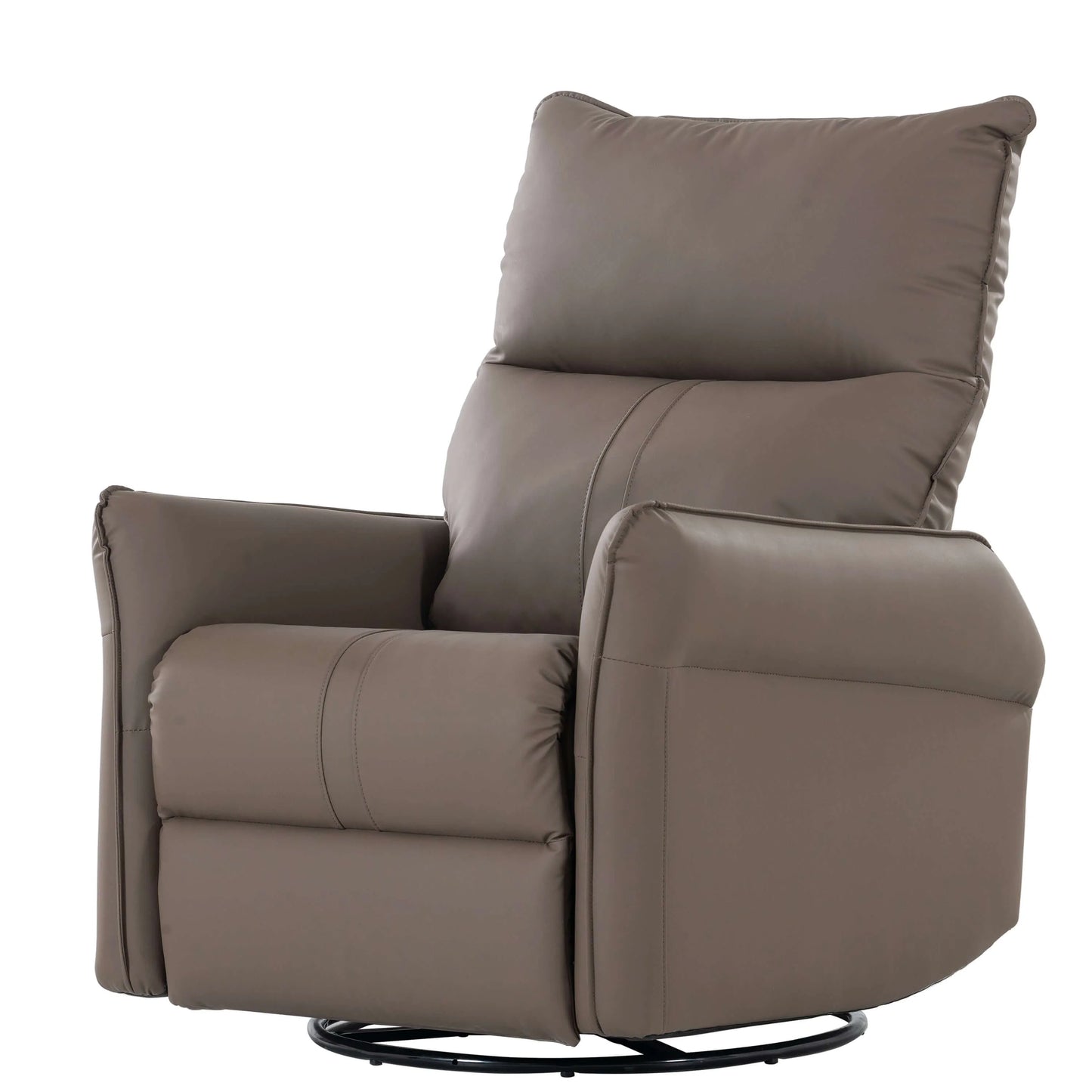 Brown leather swivel recliner chair with a black metal base on a white background