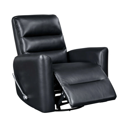 Black leather recliner chair with footrest partially reclined on a white background