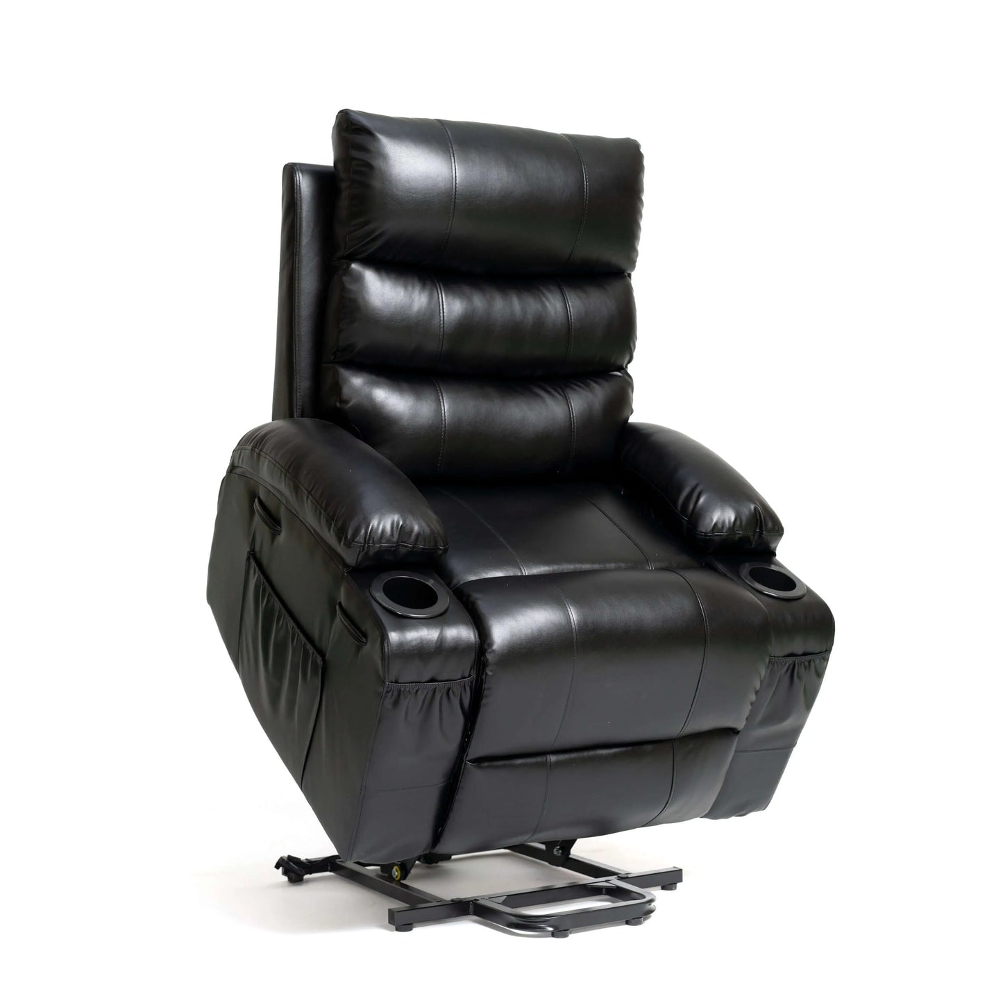 View of a black faux leather power lift recliner chair in full lift position on a white background