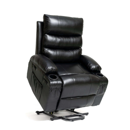 View of a black faux leather power lift recliner chair in full lift position on a white background