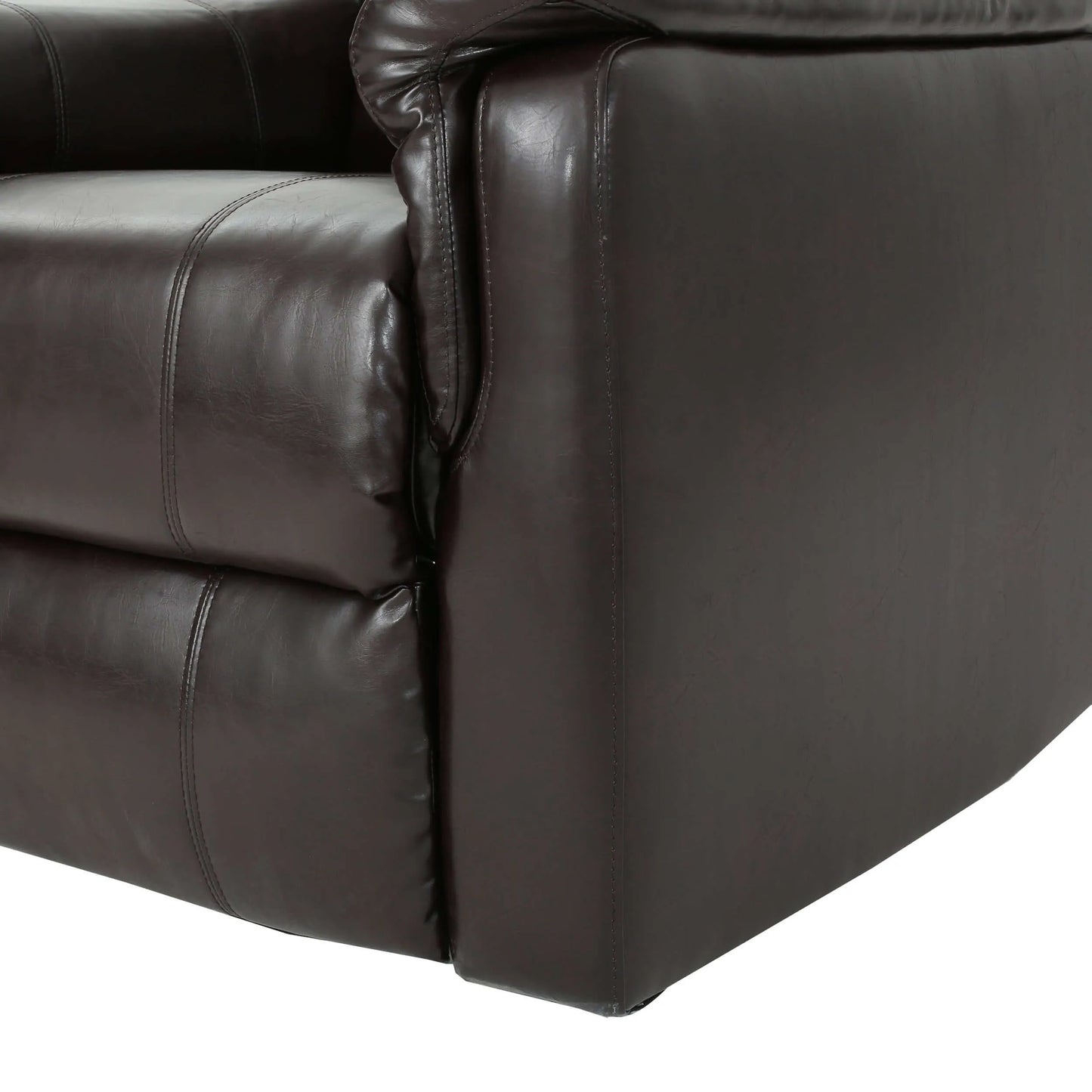 Close-up of a dark brown leather recliner chair corner on a white background