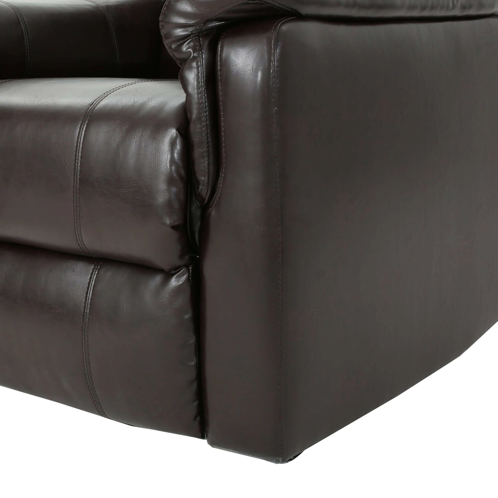 Close-up of a dark brown leather recliner chair corner on a white background