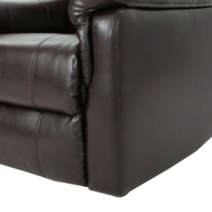Close-up of a dark brown leather recliner chair corner on a white background