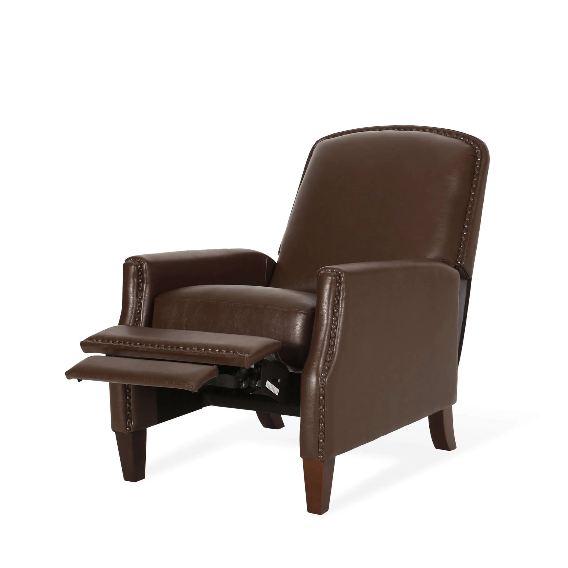 Dark Brown Recliner Chair with Rivets - Right angle view with foot rest up