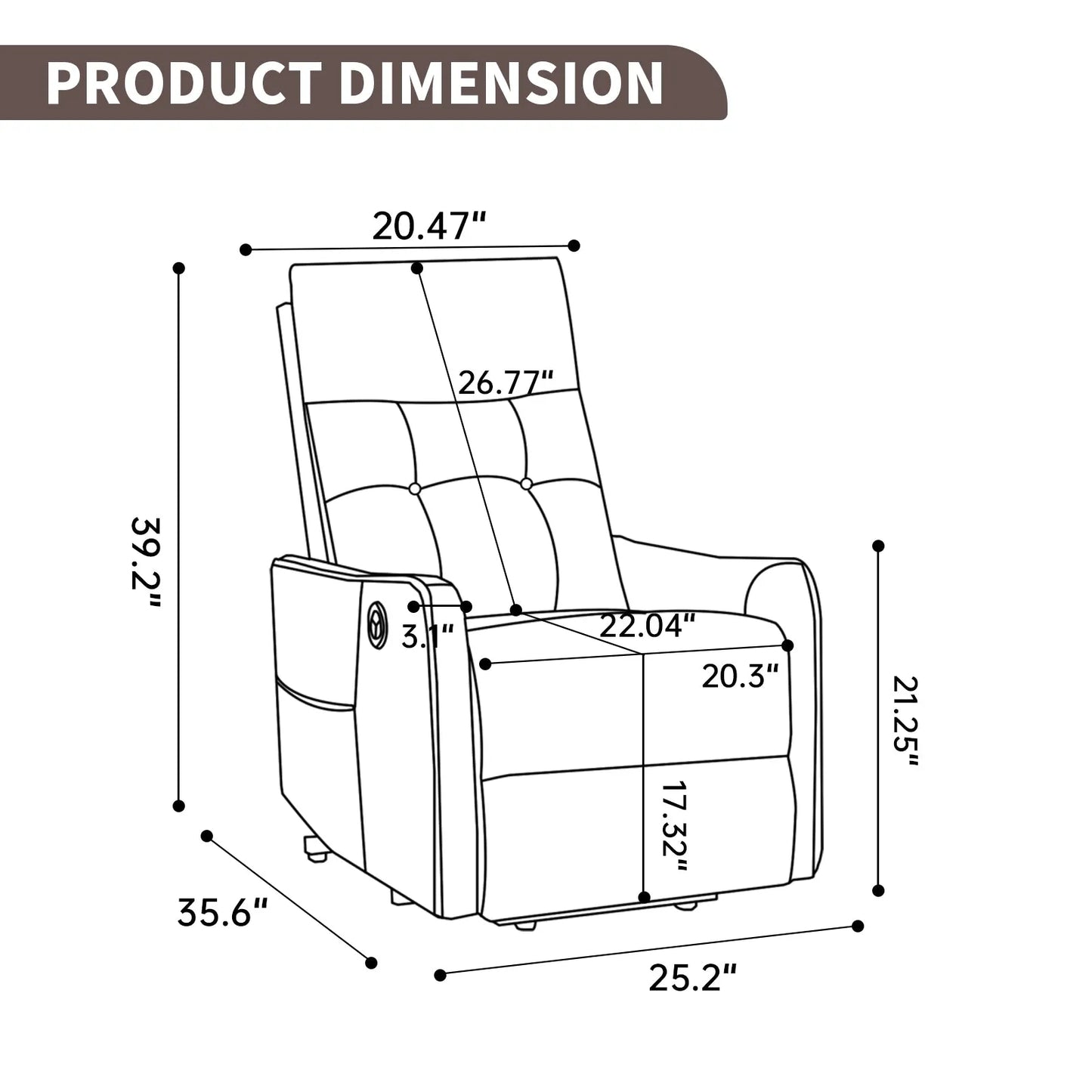 Dimensions of a recliner chair with labeled measurements on a white background