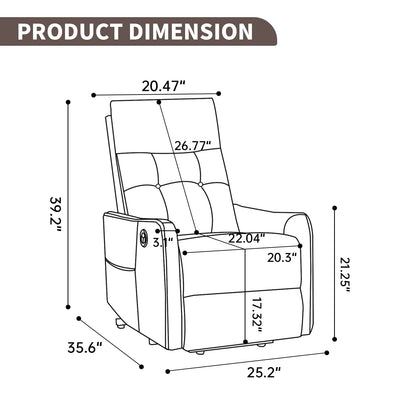 Dimensions of a recliner chair with labeled measurements on a white background