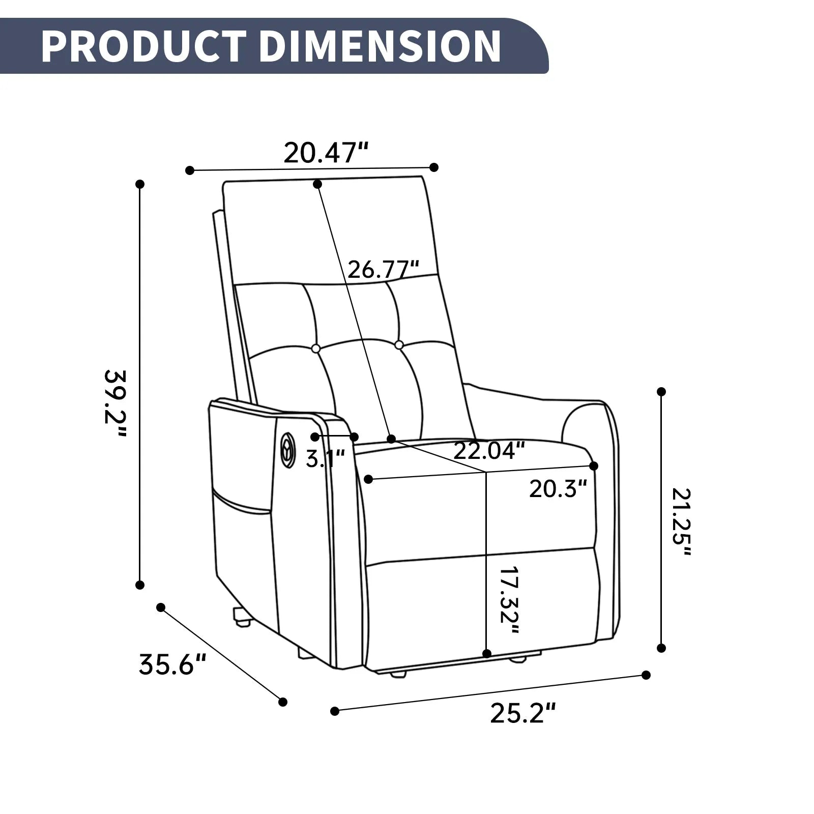 Dimensions of a recliner chair with measurements in inches.